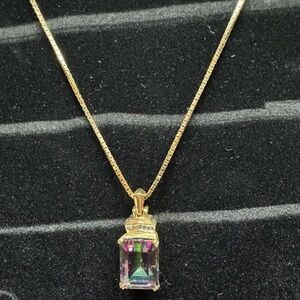 14KT YG Box Chain Necklace & 10KT Yellow Gold Diamond & Mystic Topaz Pendant